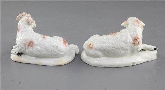 A matched pair of Derby figures of a ram and a ewe, c.1760-5, l. 11.8cm and 12.2cm, slight restoration